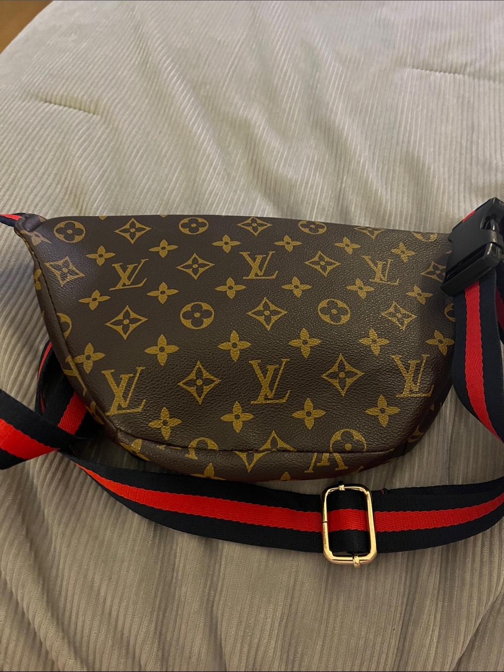 Brown Monogram Belt Bag with Red and Blue Striped Strap *NOT NAME BRAND * - Picture 3 of 3